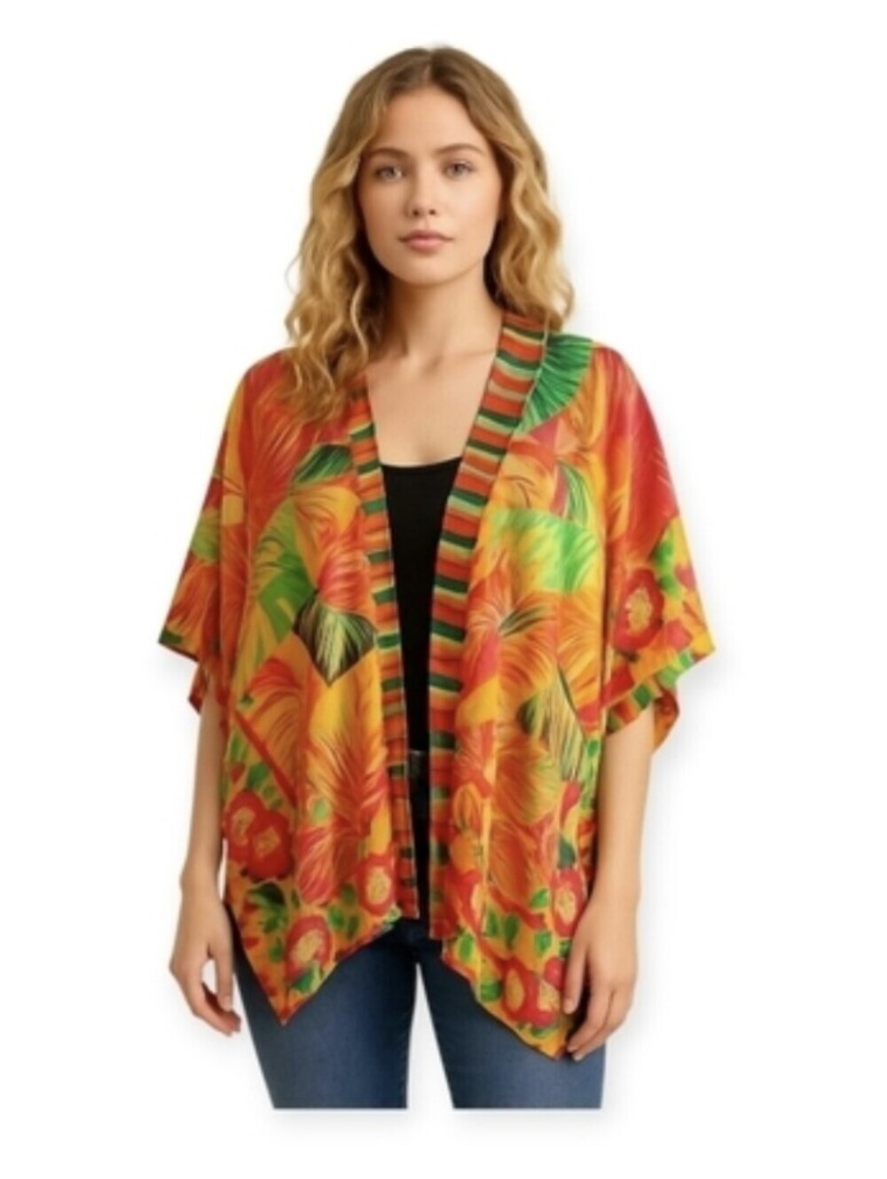 Rachel Roy Tropical Floral Linen Rayon Kimono Cover Up Open Front One Size NWT